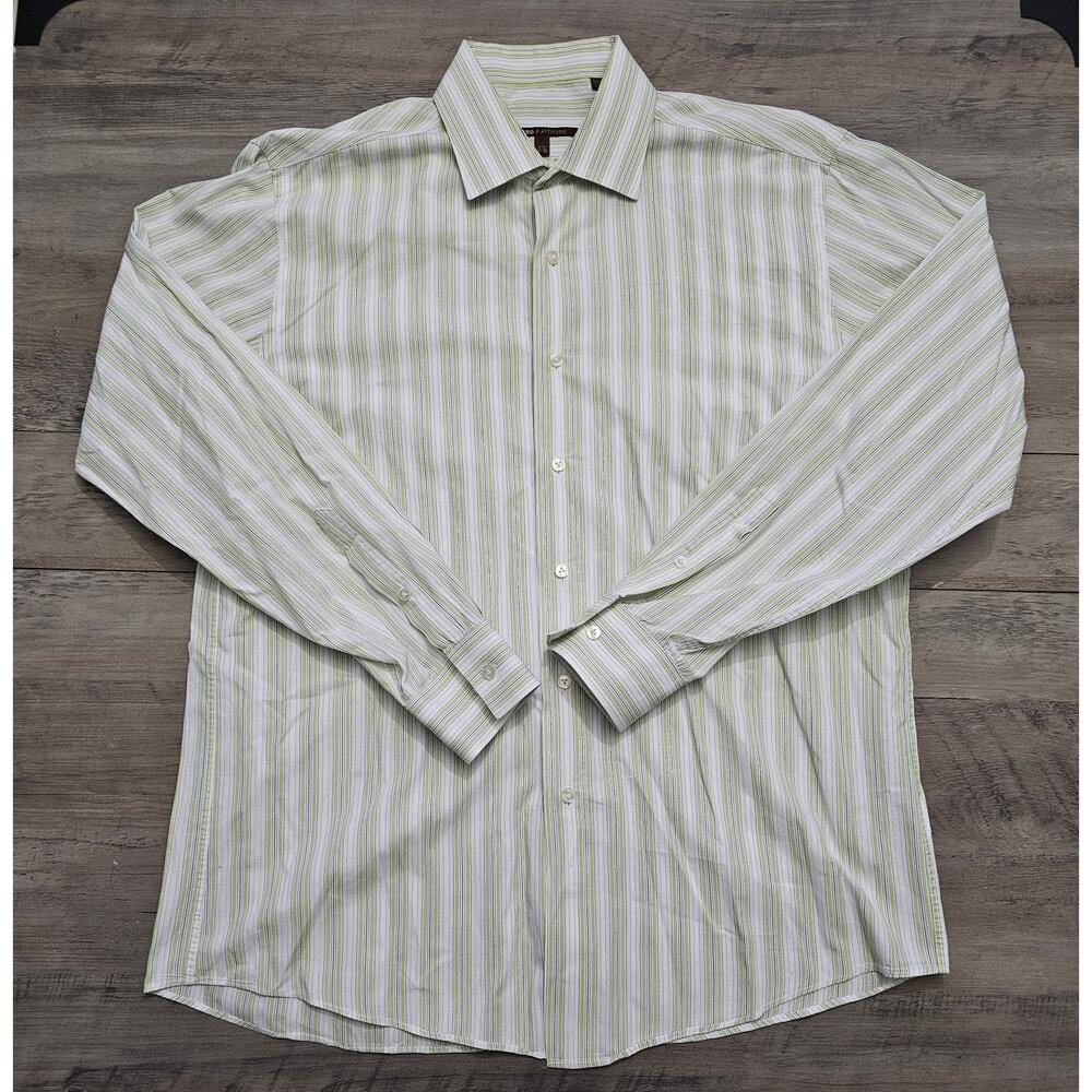 BCBG Attitude Mens White Green Stripped Long Sleeve Button-Up Shirt Size Large